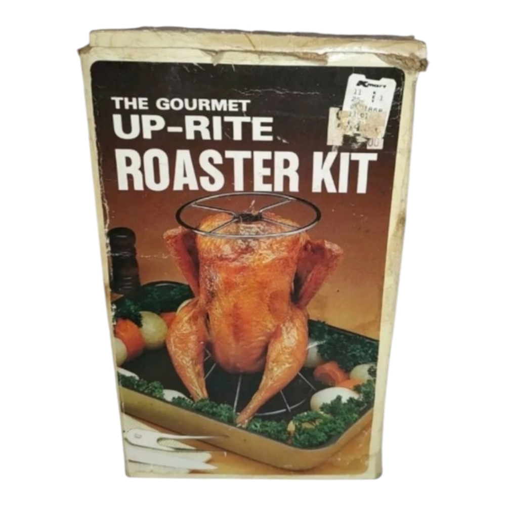 Kmart "The Gourmet Up-Rite Roaster Kit" VTG Steel Top & Bottom Rack & Skewers